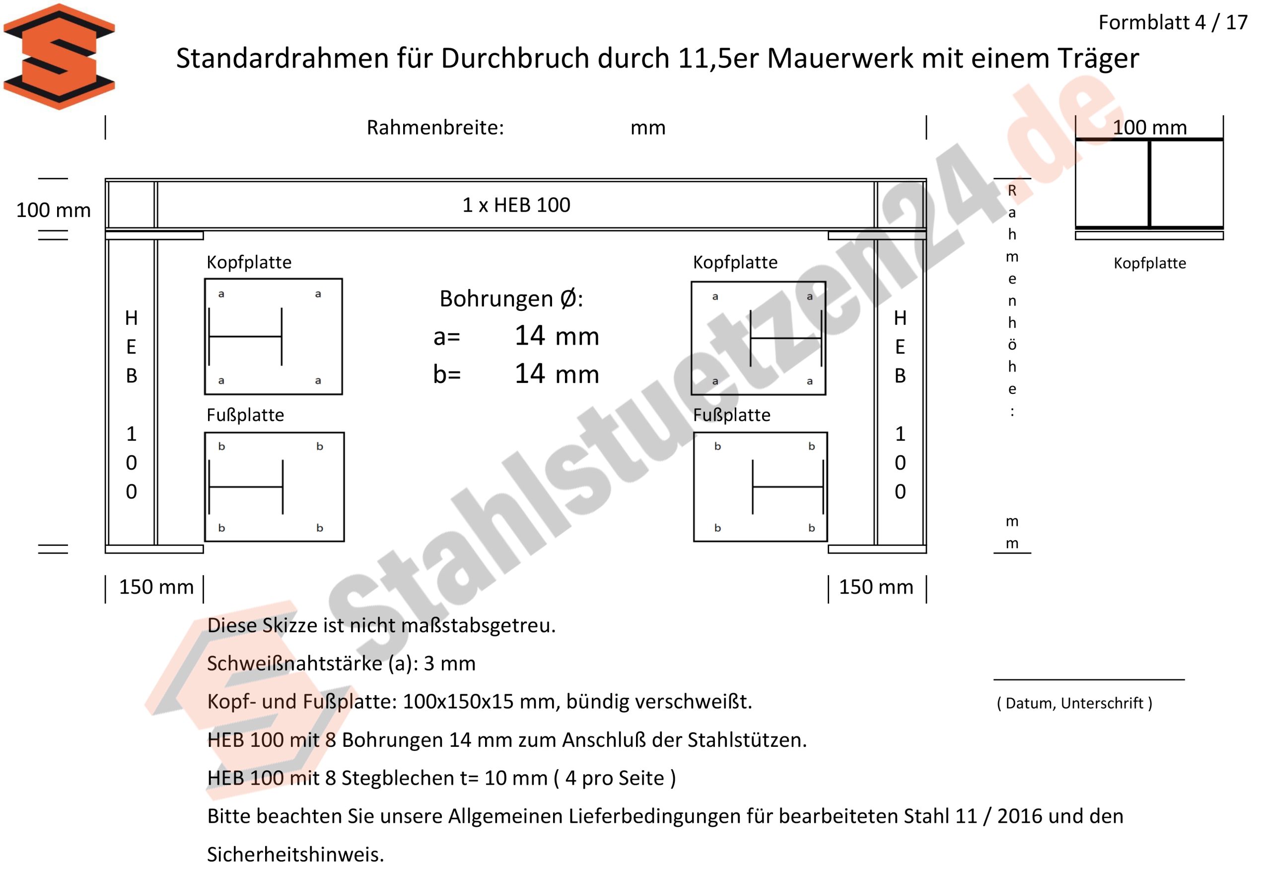 Konstruktionshilfe - Standardrahmen für Durchbruch durch 11,5er Mauerwerk mit einem Träger