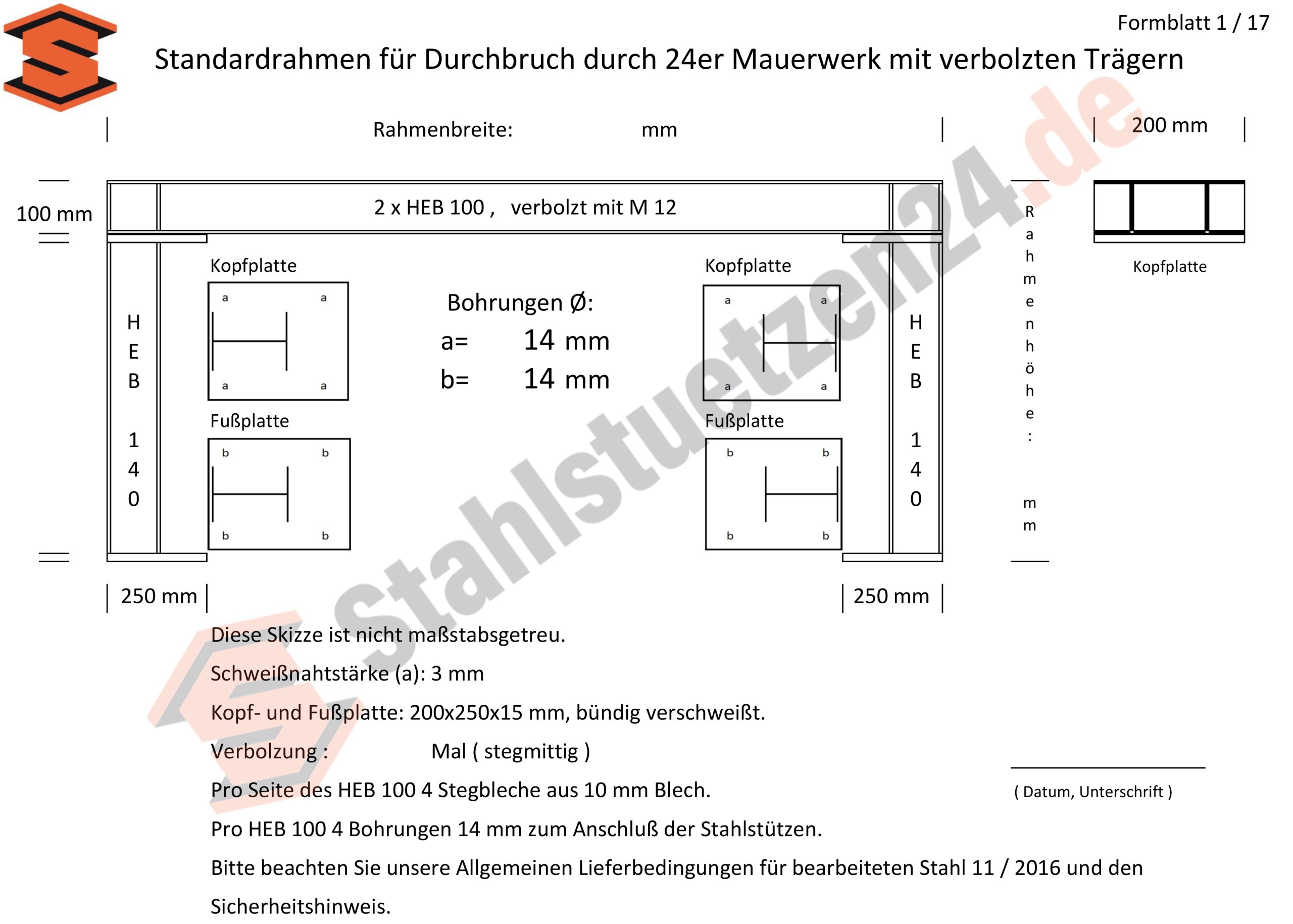 Konstruktionshilfe - Standardrahmen für Durchbruch durch 24er Mauerwerk mit verbolzten Trägern